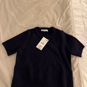 Zara Black Short Sleeve Sweater Classic Crew Neck